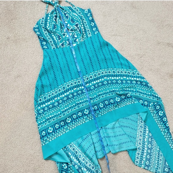 BCBG MAXAZRIA Dress Occasion Open Back Halter Top Handkerchief Hem Blue Print - Picture 12 of 16